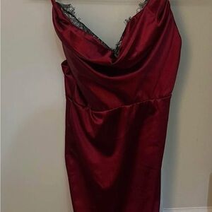 Elegant Red Satin Dress with Lace Trim